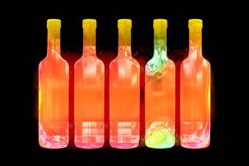 Five glowing bottles on black background