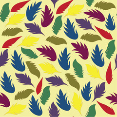Fototapeta na wymiar Peacock Feather Seamless Repeat Pattern on light yellow background for fabric print, wallpaper, bedding and clothing 