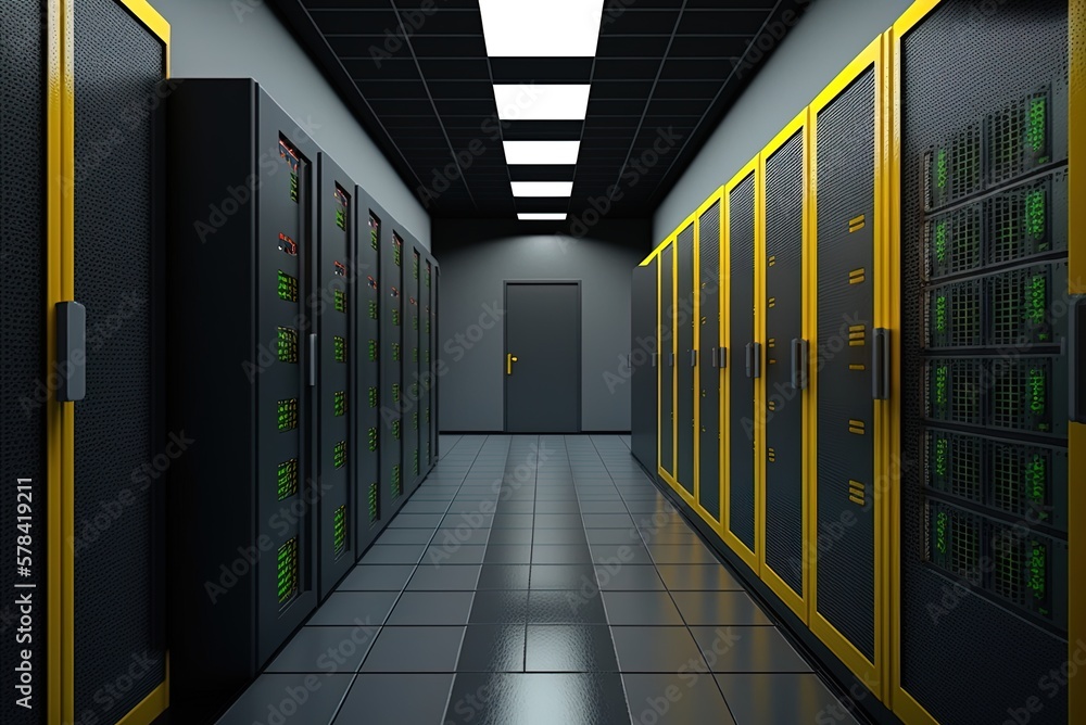 Poster depiction of a datacenter's hallway with server racks. generative ai