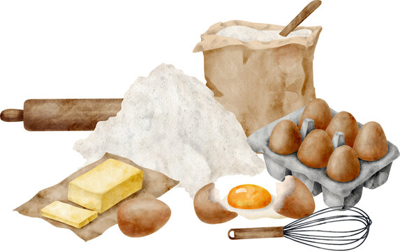 Watercolor baking ingredients composition. Hand drawn flour, eggs, butter,rolling pin and whisk isolated on transparent background. Cooking pastry illustration for banner, cards, recipe book, blog