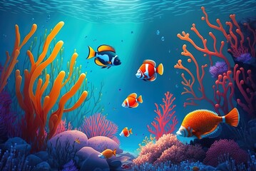 Naklejka na ściany i meble Underwater photograph of a coral reef with fish Generative AI