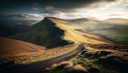 UK mountain in the brecon beacons, rolling hills with cloudy and sunny sky