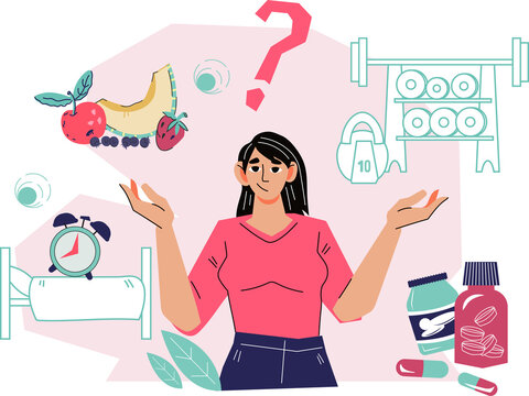 Woman planning her daily routined. Woman leading healthy lifestyle, strikes the right work rest balance, plans physical activity and a healthy diet.