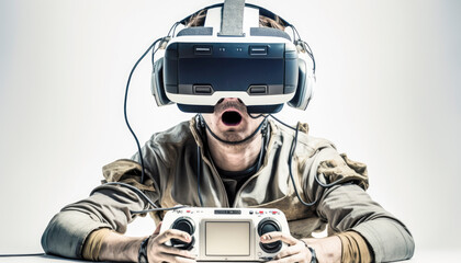 A gamer immersed in a virtual reality game, wearing a sleek VR headset and gloves, surrounded by advanced technology in a futuristic setting, engrossed in gameplay with intense focus.