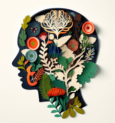 Human head blooming garden isolated object of plants and flowers 3d paper cut collage on white background