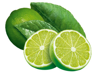 limão verde cortado e limão inteiro com folhas em fundo transparente