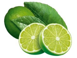 limão verde cortado e limão inteiro com folhas em fundo transparente