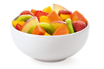 tigela com salada de frutas frescas em fundo transparente - morango kiwi, pêssego, manga, mamão e...