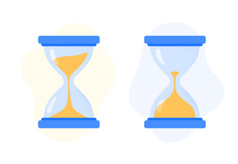 Hourglass with sand inside to measure time. Clock and time, timer, countdown instrument. Vector flat illustrations isolated on the white background.