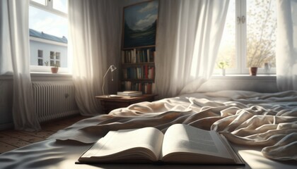 Favorite cozy bed and an open book for reading. A warm and cozy room for privacy and quiet reading of books.  generative AI