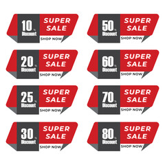 Set of discount sale tags.Super sale red ribbon tag. seal tag,50% off badge template.Special sale sticker.Super sale banner vector.10,20,30,25,50,60,70,80, percent discount sticker for promotion.