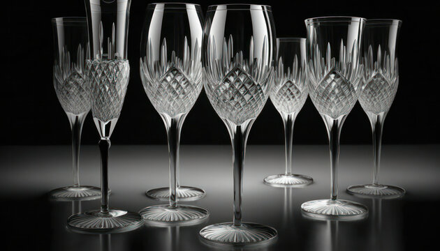 Embossed glasses for wine and champagne on a black background. generative AI