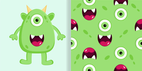 Obraz premium Funny one eye monster and monster face seamless pattern