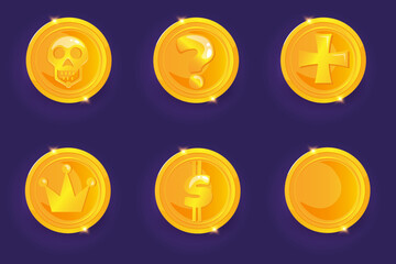 Gold coins set with different drawing. Cartoon style game GUI icon.