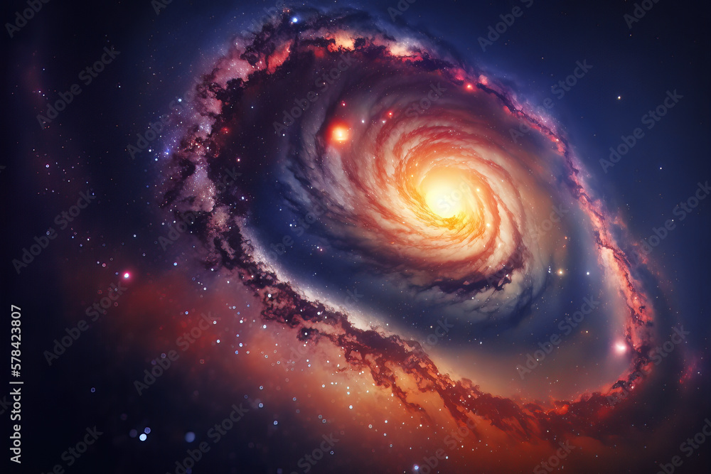 Wall mural illustration of a space cosmic background of a colorful supernova nebula and stars, glowing mysterio