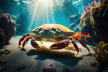 Underwater closeup picture of the mangrove ( rainbow ) crab and sunlight in the ocean coral reef (ai generated) - obrazy, fototapety, plakaty