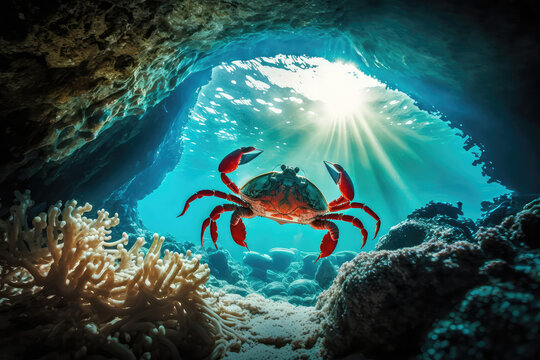 Underwater closeup picture of the crab and sunlight in the ocean coral reef (ai generated)