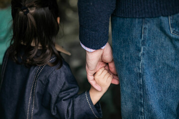 closeup shot from behind of little girl holding the hand of her tall caucasian father