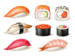 Realistic sushi. Japanese traditional food with fresh fish, vegetables and seafood, rice wrapped in nori seaweed, 3d isolated rolls, salmon, shrimp and caviar, asian snack utter vector set