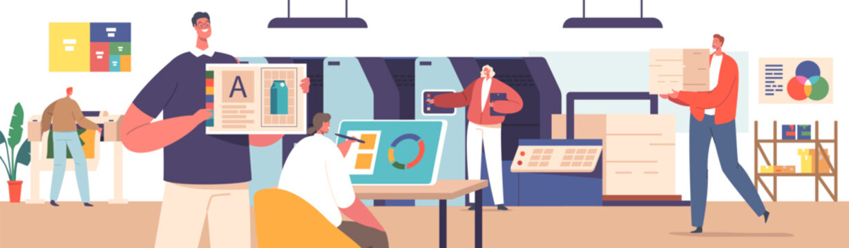 Printing House Advertising Agency, Polygraphy Industry Concept. Male and Female Characters Customers, Designers