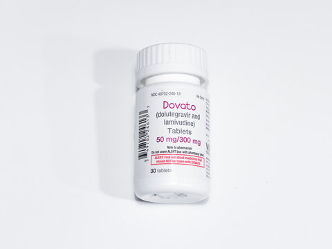 Bottle of Dovato, a medication used to treat hiv.