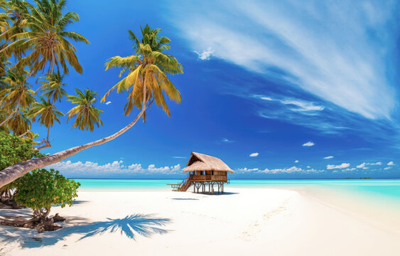 Tropical beach with white sand, palm trees, bungalows, and turquoise waters. Generative AI