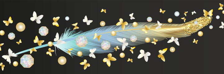 Art wallpaper with golden and blue feathers and gold butterflies. Modern creative design for home decor, banners, and prints. Vector illustration.