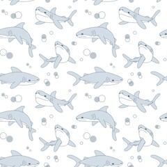 Seamless pattern with sharks on a white background. Minimalism in shades of gray. Cute cartoon drawing style. Pattern for textiles, wrapping paper, decor.