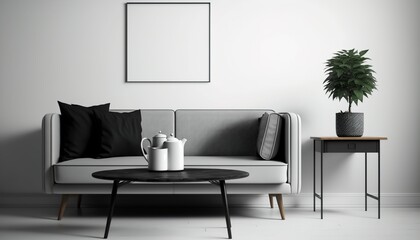 a living room with a couch and a table in a digital rendering. Generative AI
