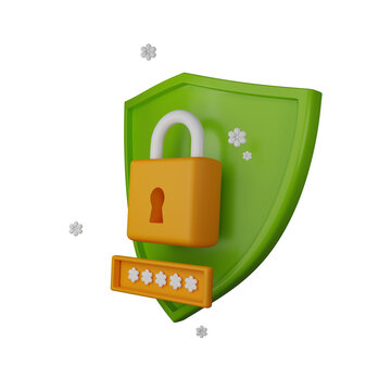 3D shield secure icon, authentication render lock password concept, secret personal data protection. Antivirus badge, internet fraud security safe clipart, PIN entry field. 3D shield padlock design