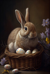 Easter basket with colored eggs and a fluffy rabbit. AI Generated