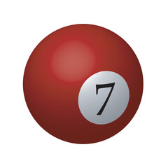 Burgundy pool ball number seven icon isolated on white background, realistic 3d solid glossy number 7 billiard ball. Vector illustration