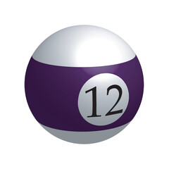 Purple pool ball number twelve icon isolated on white background, realistic 3d stripe glossy number 12 billiard ball. Vector illustration