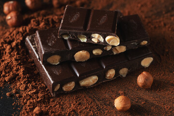 Dark and milk chocolate with nuts on a dark background sprinkled with cocoa powder.