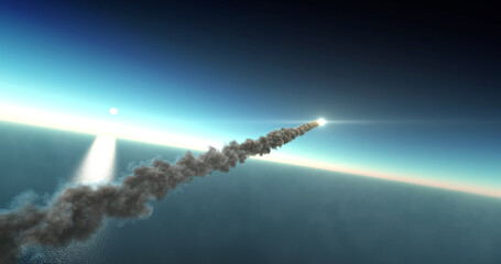 3d rendering, intercontinental missile fired overseas, Aerial view - obrazy, fototapety, plakaty