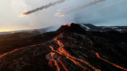 3d rendering, Meteors Asteroids falling from sky over active volcano, Aerial view © ImageBank4U