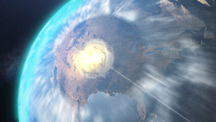 3d rendering, intercontinental Missile with nuclear warhead Hitting USA, Outer space  - obrazy, fototapety, plakaty
