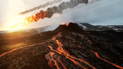 3d rendering, Meteors Asteroids falling from sky over active volcano, Aerial view © ImageBank4U