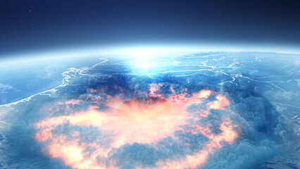 Obraz na płótnie Canvas 3d rendering, Massive explosion with large shockwave on earth from outer space, 
