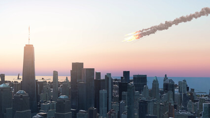 3d rendering, Drone view of meteors or missiles burning over Manhattan city, usa, 2023