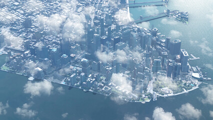 New york downtown Manhattan skyscrapers and river, above clouds, 2023
