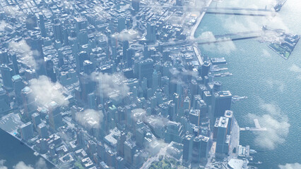 New york downtown Manhattan skyscrapers and river, above clouds, 2023