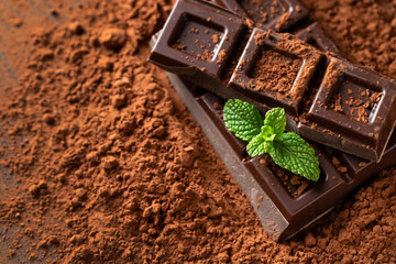 Dark and milk chocolate with nuts on a dark background sprinkled with cocoa powder.