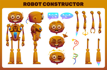 Robot constructor vector illustration, futuristic character design icon set, electronic equipment and humanoid animation concept, robot element with different poses, cybernetic objects , body parts 