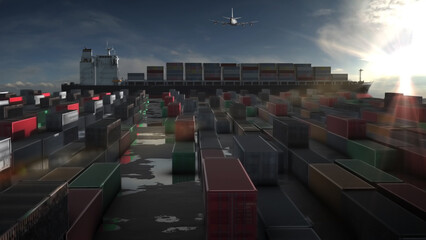 Harbor with containers, cargo ship and Airplane, 
, Freight Shiiping export and import concept,2023
