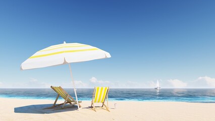 Beautiful beach. Chairs on the beach near the sea. 3d rendering. Summer vacation and vacation concept for tourism. inspiring tropical landscape.