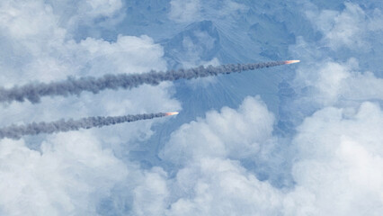 3d rendering, Meteors asteroids or rockets burning over clouds
Aerial view over burning meteors or rockets flying over the clouds, Cinematic view,2022,global extinction threat concept

