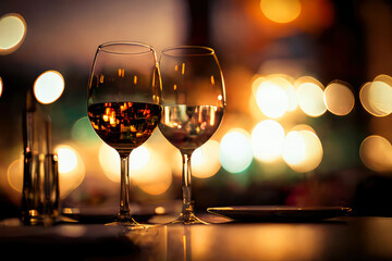 two wine glass on a table, italian restaurant. ai generative