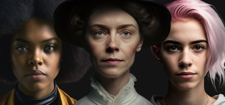 Feminism throughout ages concept. A XXth century suffragist, an african american second wave feminist with afro hair and a pink haired gen z feminist looking at the camera. Generative IA