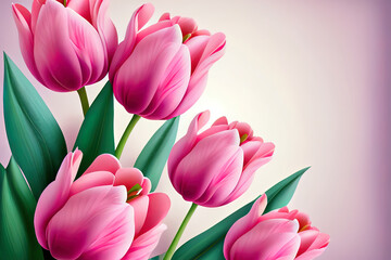 Obraz premium Pink tulips floral background, Background with copy space, realistic. Generative Ai